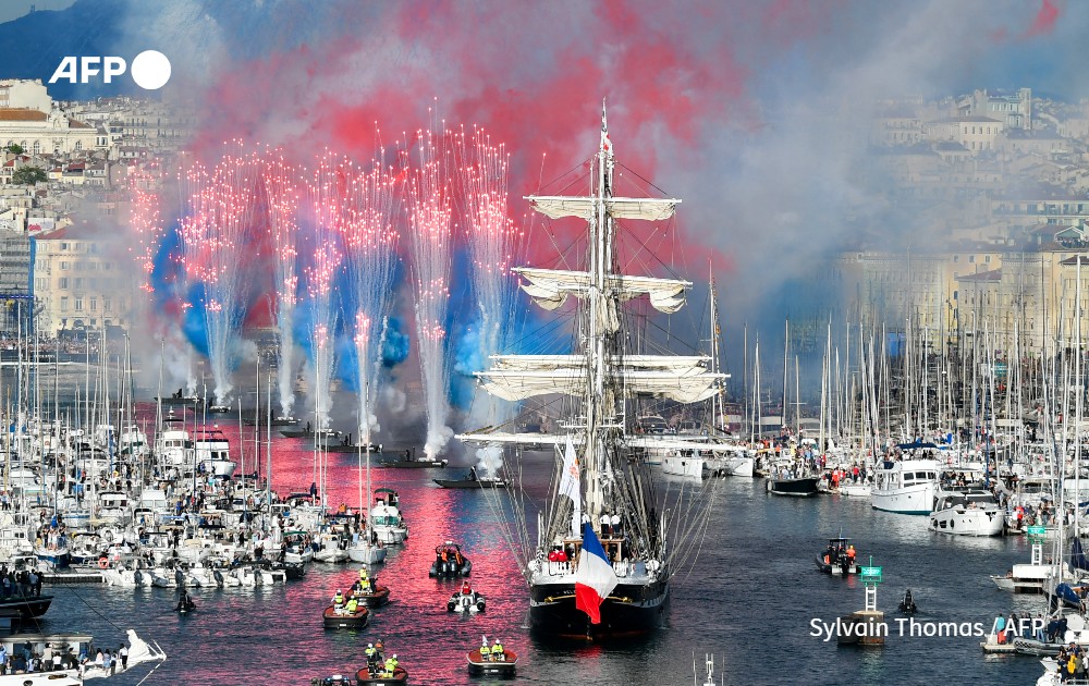 Fireworks during the Olympic Flame arrival ceremony